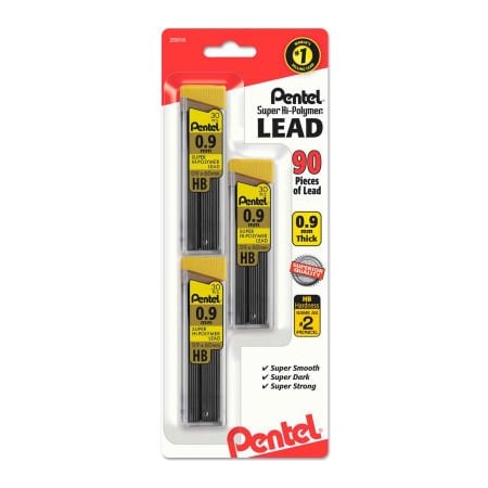 Pentel Super Hi-Polymer Lead Refills, 0.9 mm, HB, Black, 30/Tube, 3 Tubes/Pack C29BPHB3
